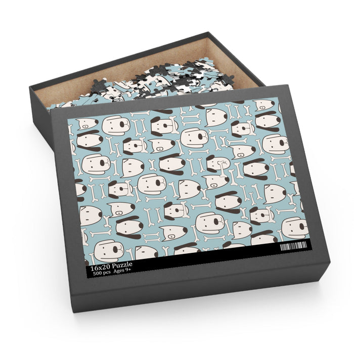 Canine Design Puzzle with 500 Pieces for Assembly: light blue, white dogs and dog faces, cartoon, playful, minimal style