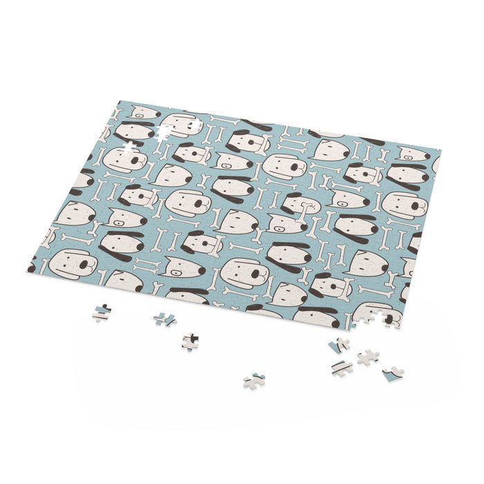 Canine Design Puzzle with 500 Pieces for Assembly: light blue, white dogs and dog faces, cartoon, playful, minimal style