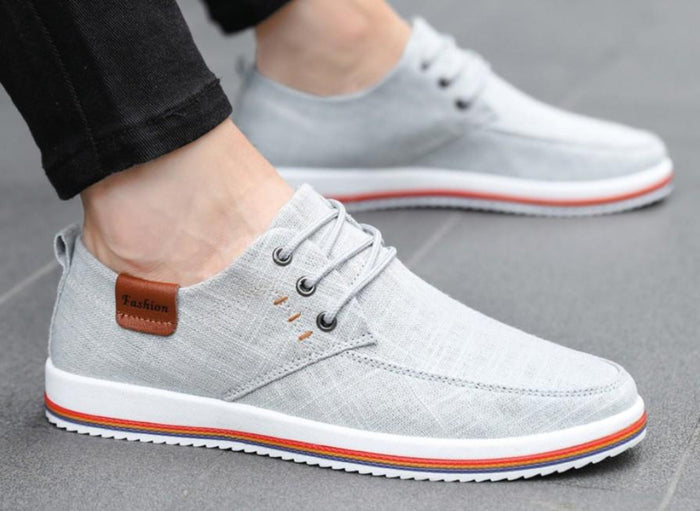 Canvas Loafers for Men's Casual Wear: light gray, white lace-up casual sneakers, casual minimal style