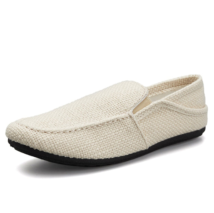 Canvas Slip-On Shoes for Men: cream, black slip-on shoe, minimal casual style