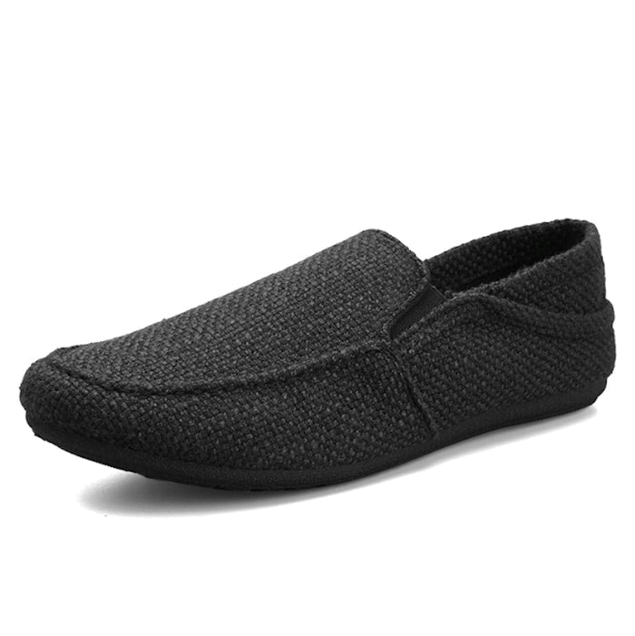 Canvas Slip-On Shoes for Men: cream, black slip-on shoe, minimal casual style