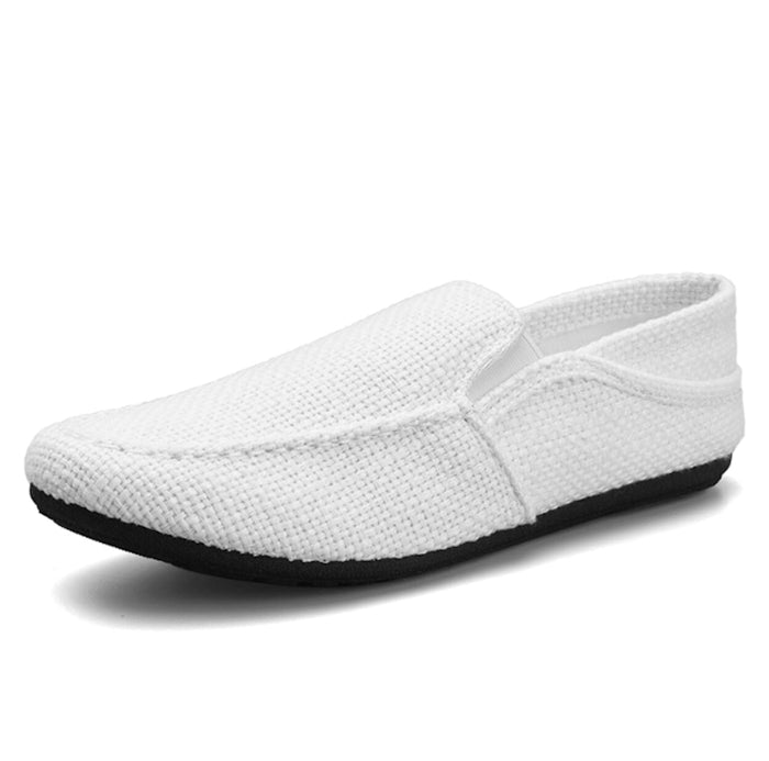 Canvas Slip-On Shoes for Men: cream, black slip-on shoe, minimal casual style