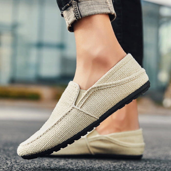 Canvas Slip-On Shoes for Men: cream, black slip-on shoe, minimal casual style