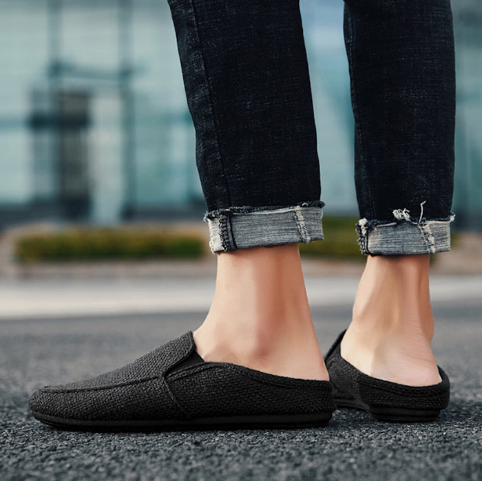 Canvas Slip-On Shoes for Men: cream, black slip-on shoe, minimal casual style