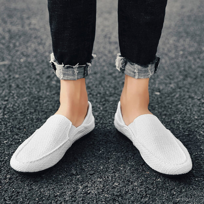 Canvas Slip-On Shoes for Men: cream, black slip-on shoe, minimal casual style