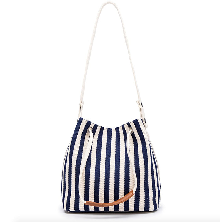 Canvas Striped Tote for Women: navy blue, white shoulder bag, casual nautical style