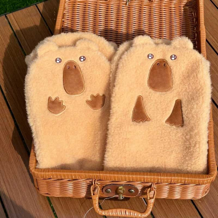 Capybara Scarf: Comfortable Whimsical Style: cream, light beige cartoon bear-like animal faces, kawaii cartoon style