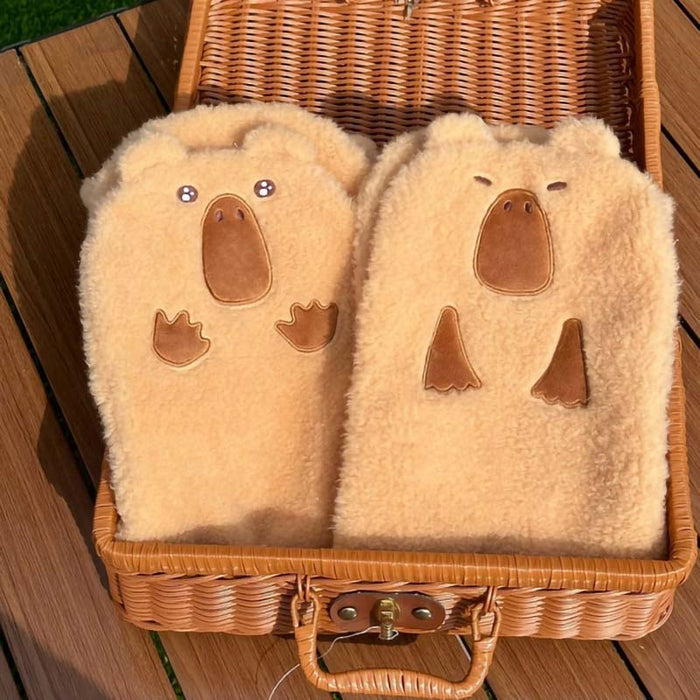 Capybara Scarf: Comfortable Whimsical Style: cream, light beige cartoon bear-like animal faces, kawaii cartoon style