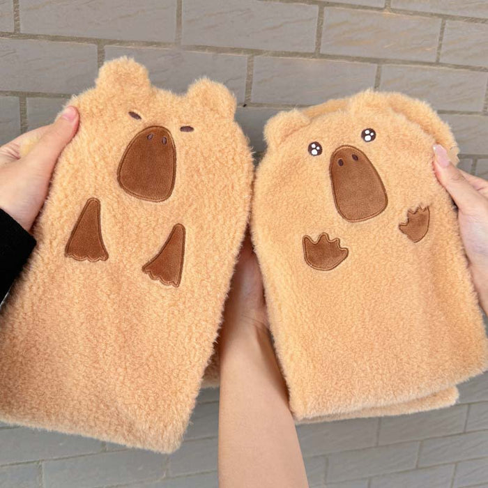 Capybara Scarf: Comfortable Whimsical Style: cream, light beige cartoon bear-like animal faces, kawaii cartoon style