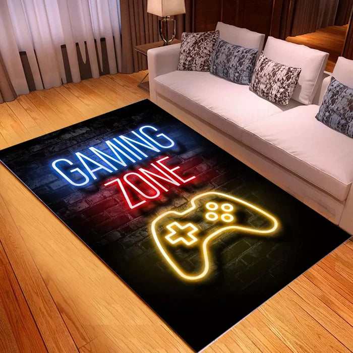 Carpet for Gaming Enthusiasts: black, blue gaming theme, modern gaming neon style
