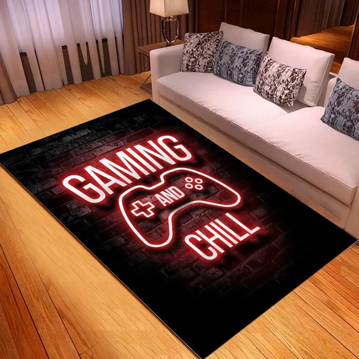 Carpet for Gaming Enthusiasts: black, blue gaming theme, modern gaming neon style