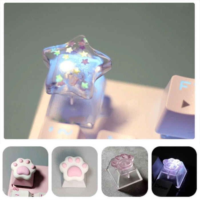 Cartoon Design Keycap Set: translucent blue-purple, clear star, kawaii style