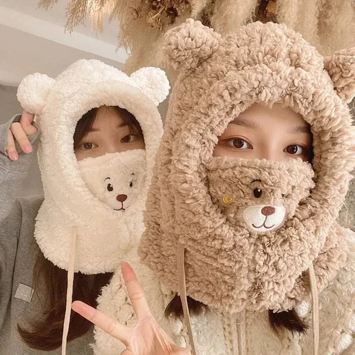 Cartoon Hat with Scarf Attachment for Cold Weather: cream white, light brown bear, cute cartoon kawaii style