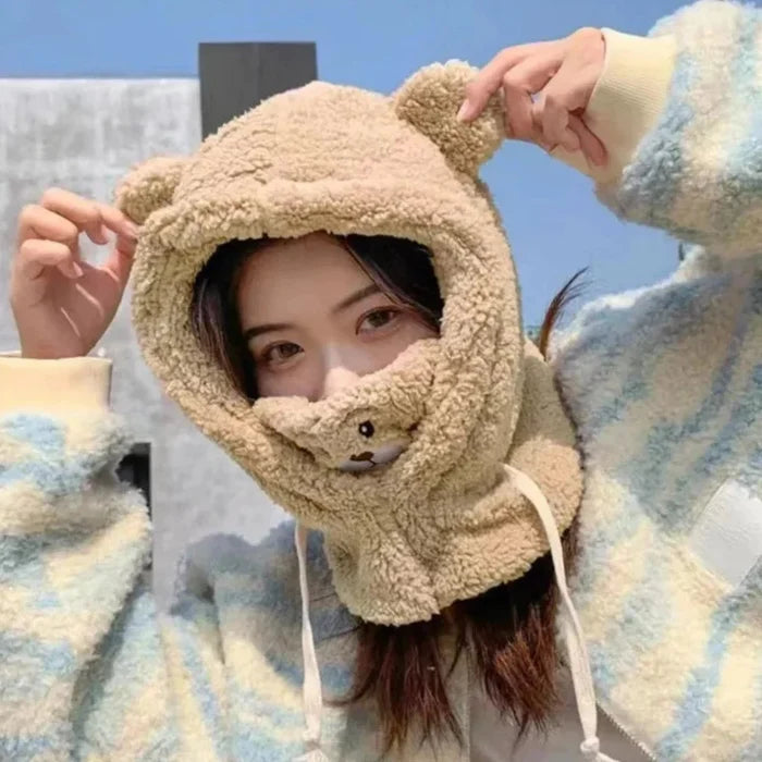 Cartoon Hat with Scarf Attachment for Cold Weather: cream white, light brown bear, cute cartoon kawaii style