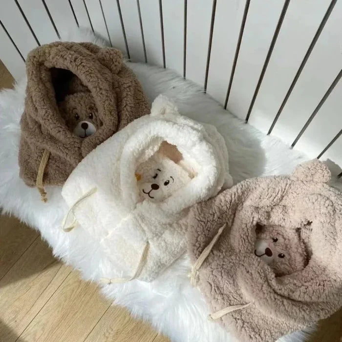Cartoon Hat with Scarf Attachment for Cold Weather: cream white, light brown bear, cute cartoon kawaii style