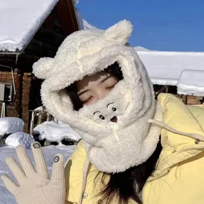 Cartoon Hat with Scarf Attachment for Cold Weather: cream white, light brown bear, cute cartoon kawaii style