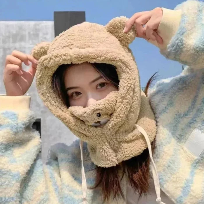 Cartoon Hat with Scarf Attachment for Cold Weather: cream white, light brown bear, cute cartoon kawaii style