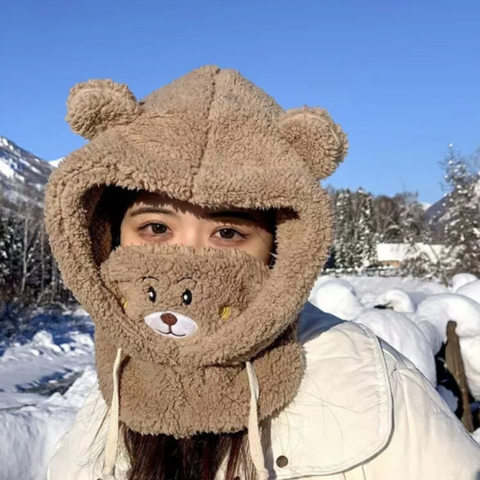 Cartoon Hat with Scarf Attachment for Cold Weather: cream white, light brown bear, cute cartoon kawaii style