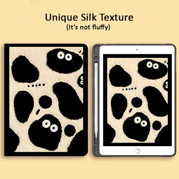 Cartoon iPad Cases with Smart Features: cream, black cartoon black blob characters with eyes, cartoon, playful, kawaii style