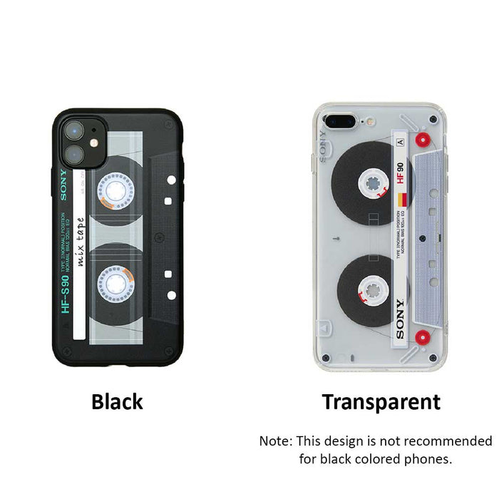 Cassette Phone Case with Retro Design: black, transparent cassette tape, retro style