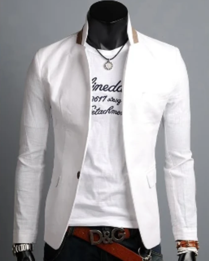 Casual Blazer with Stand Collar for Men: white, black men's blazer with T-shirt outfit, smart casual style