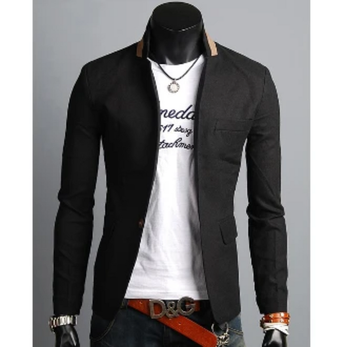 Casual Blazer with Stand Collar for Men: white, black men's blazer with T-shirt outfit, smart casual style