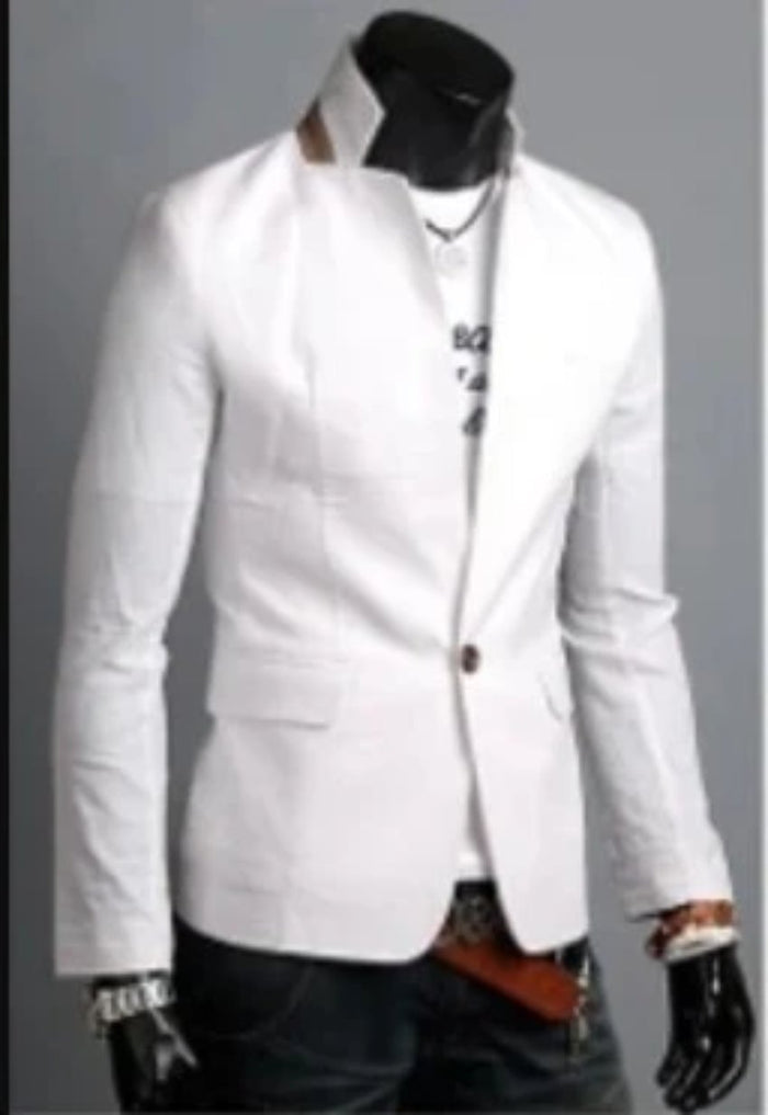 Casual Blazer with Stand Collar for Men: white, black men's blazer with T-shirt outfit, smart casual style