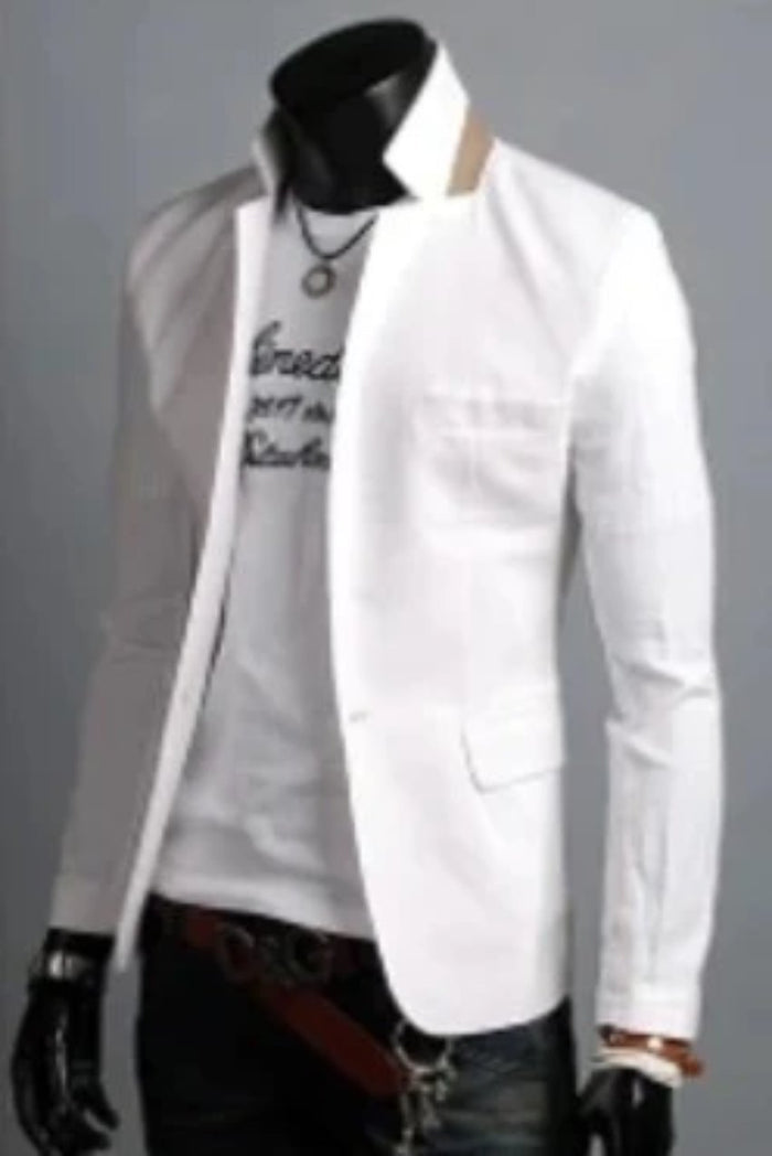 Casual Blazer with Stand Collar for Men: white, black men's blazer with T-shirt outfit, smart casual style