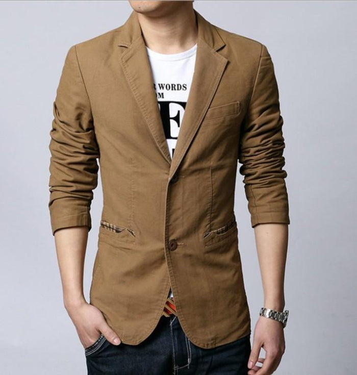 Casual Canvas Jacket for Men: tan brown blazer jacket, casual tailored style