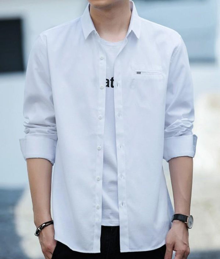 Casual Long Sleeve Button-Up Shirt for Men: white, light gray button-up shirt, minimal casual style