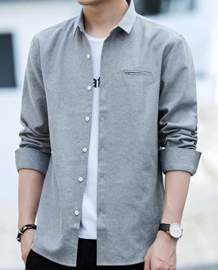 Casual Long Sleeve Button-Up Shirt for Men: white, light gray button-up shirt, minimal casual style