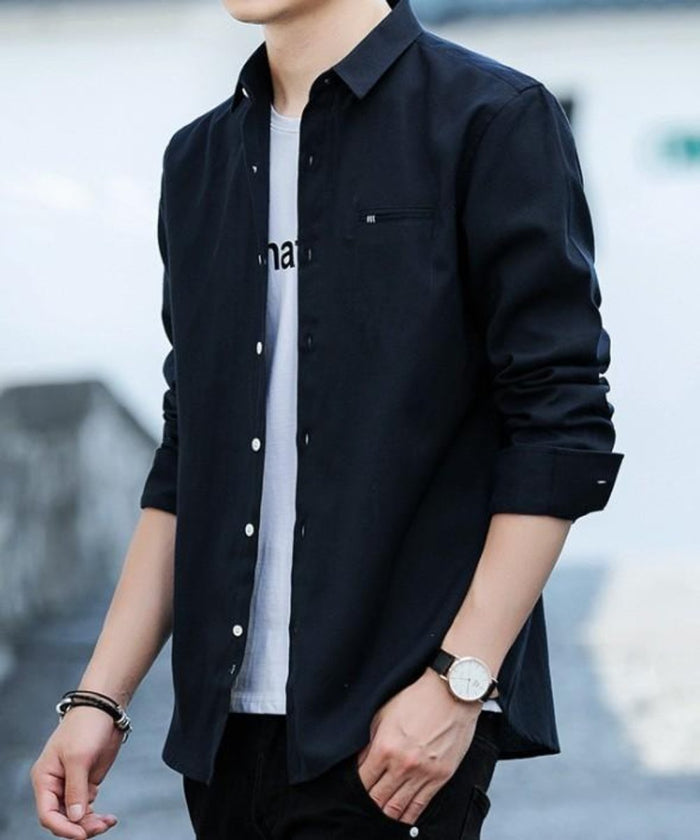 Casual Long Sleeve Button-Up Shirt for Men: white, light gray button-up shirt, minimal casual style
