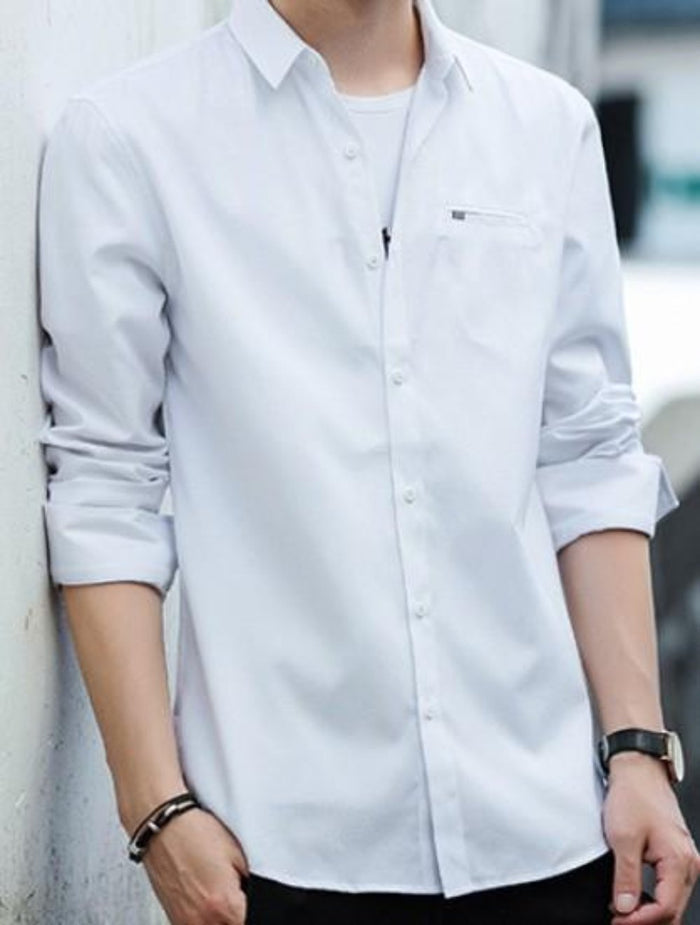 Casual Long Sleeve Button-Up Shirt for Men: white, light gray button-up shirt, minimal casual style