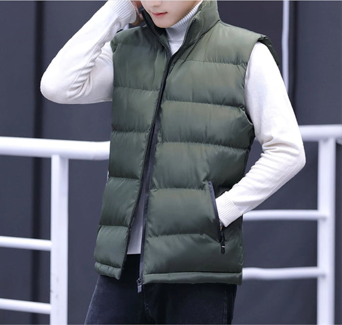 Casual Men's Insulated Sleeveless Jacket: dark olive green, black puffer vest, minimal casual style