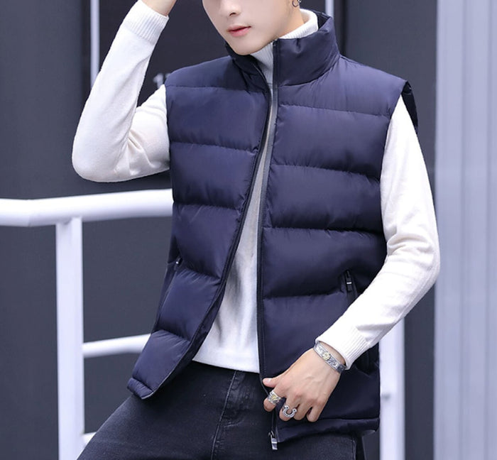 Casual Men's Insulated Sleeveless Jacket: dark olive green, black puffer vest, minimal casual style