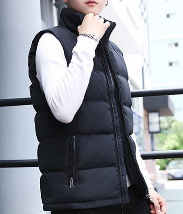 Casual Men's Insulated Sleeveless Jacket: dark olive green, black puffer vest, minimal casual style