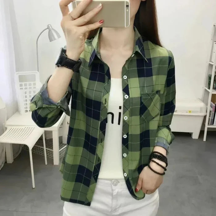Casual Plaid Long Sleeve Shirt for Women: olive green, dark navy button-up plaid shirt, casual style