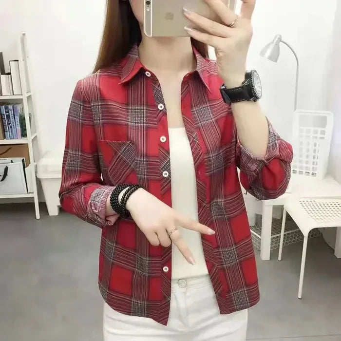 Casual Plaid Long Sleeve Shirt for Women: olive green, dark navy button-up plaid shirt, casual style
