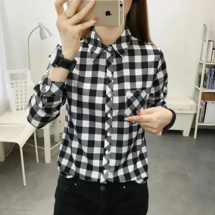Casual Plaid Long Sleeve Shirt for Women: olive green, dark navy button-up plaid shirt, casual style