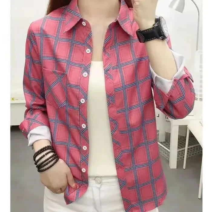 Casual Plaid Long Sleeve Shirt for Women: olive green, dark navy button-up plaid shirt, casual style