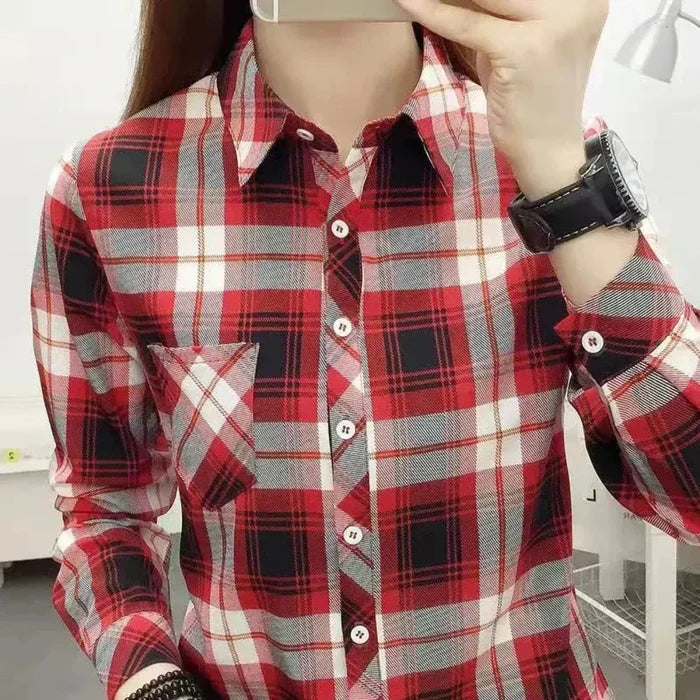 Casual Plaid Long Sleeve Shirt for Women: olive green, dark navy button-up plaid shirt, casual style
