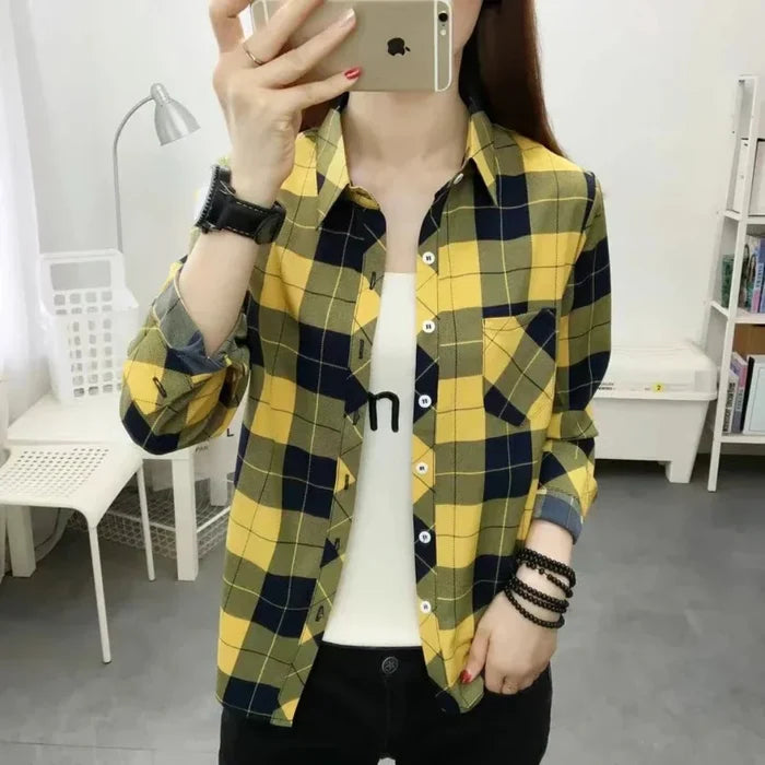 Casual Plaid Long Sleeve Shirt for Women: olive green, dark navy button-up plaid shirt, casual style