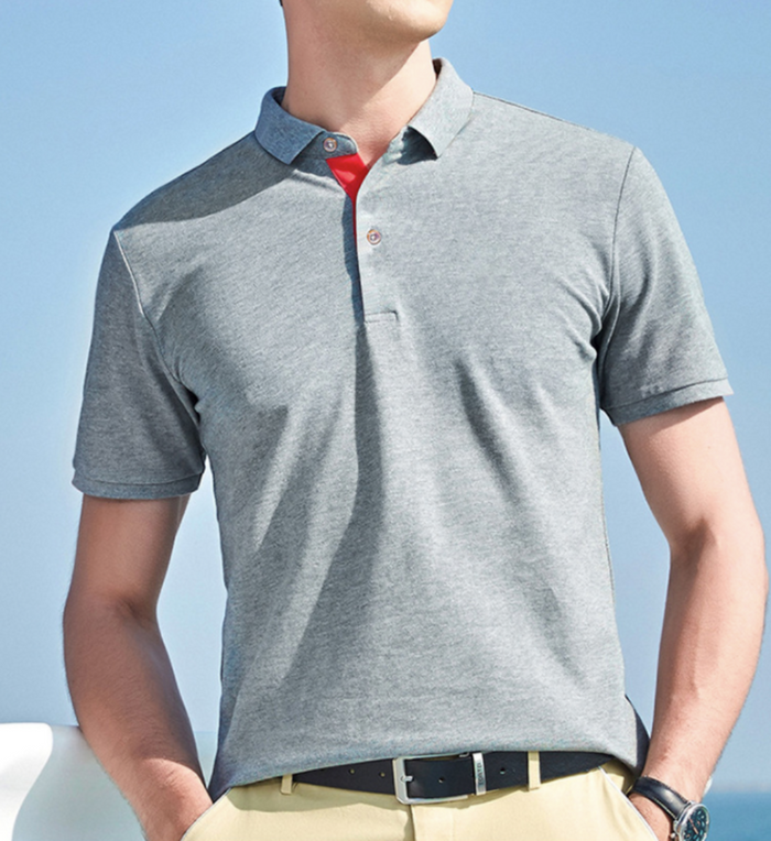 Casual Polo Shirt for Men with Short Sleeves: royal blue, red accent short-sleeve polo shirt, minimal casual style
