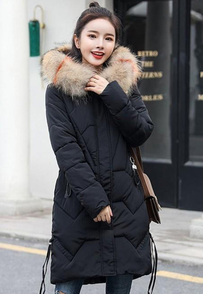 Casual Puffer Jacket for Women with Faux Fur Hood in Caramel Brown: rust orange, tan hooded puffer coat, winter casual style