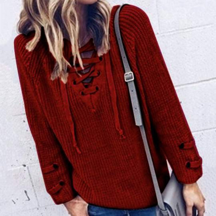 Casual Sweater with Lace-Up Detail for Women: tan beige, gray lace-up knit sweater, casual style
