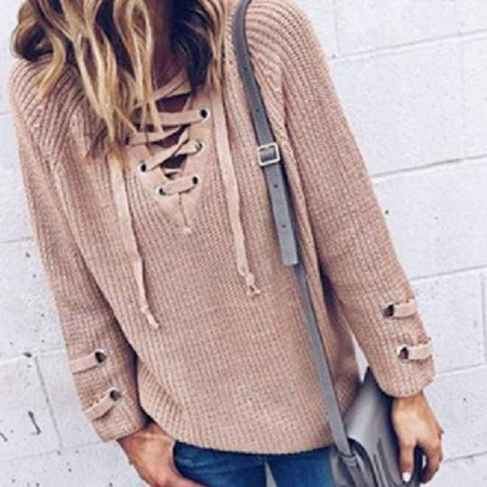 Casual Sweater with Lace-Up Detail for Women: tan beige, gray lace-up knit sweater, casual style