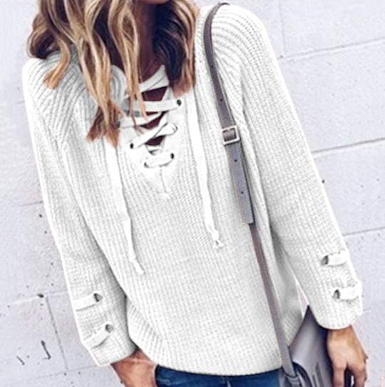 Casual Sweater with Lace-Up Detail for Women: tan beige, gray lace-up knit sweater, casual style