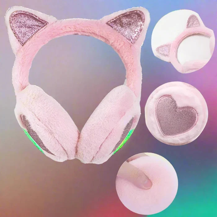 Cat Ear Earmuffs for Girls: light pink, silver glitter cat, kawaii style