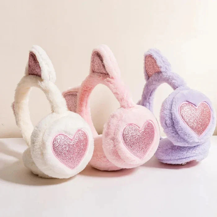 Cat Ear Earmuffs for Girls: light pink, silver glitter cat, kawaii style
