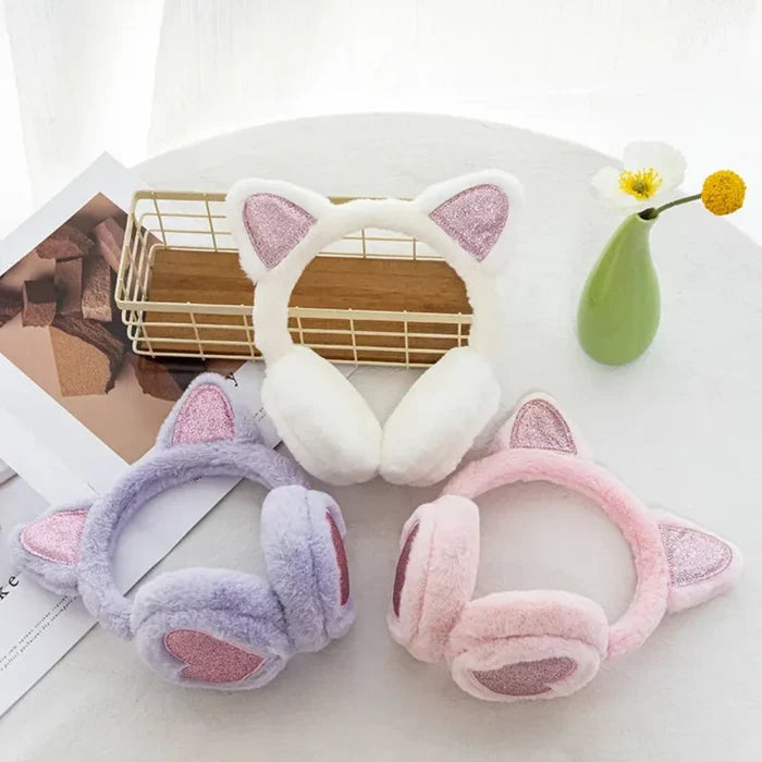 Cat Ear Earmuffs for Girls: light pink, silver glitter cat, kawaii style